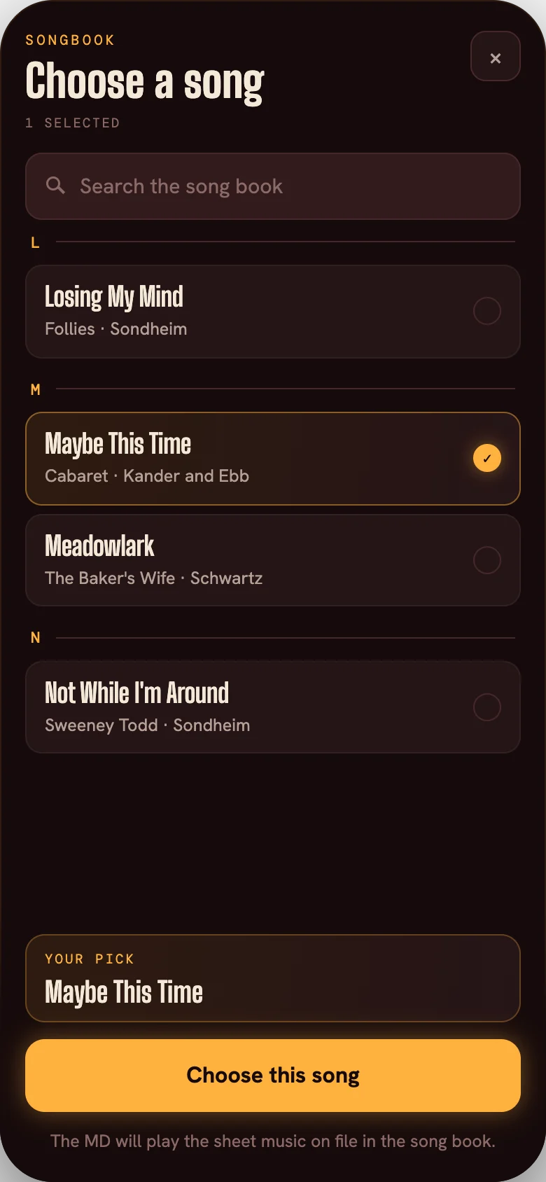 Songbook with a song picked