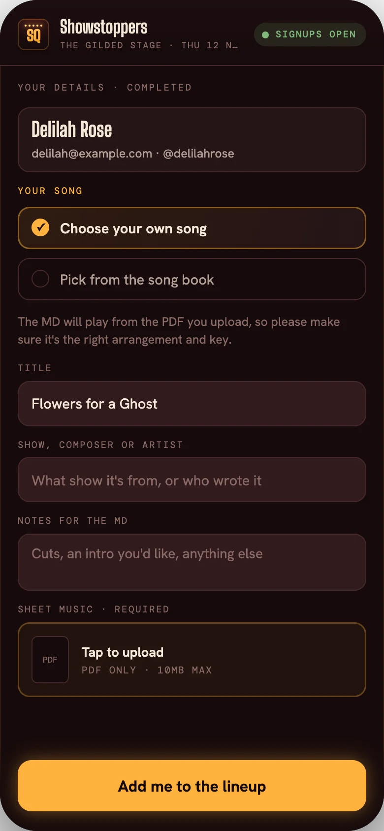 Choosing your own song expands the form inline