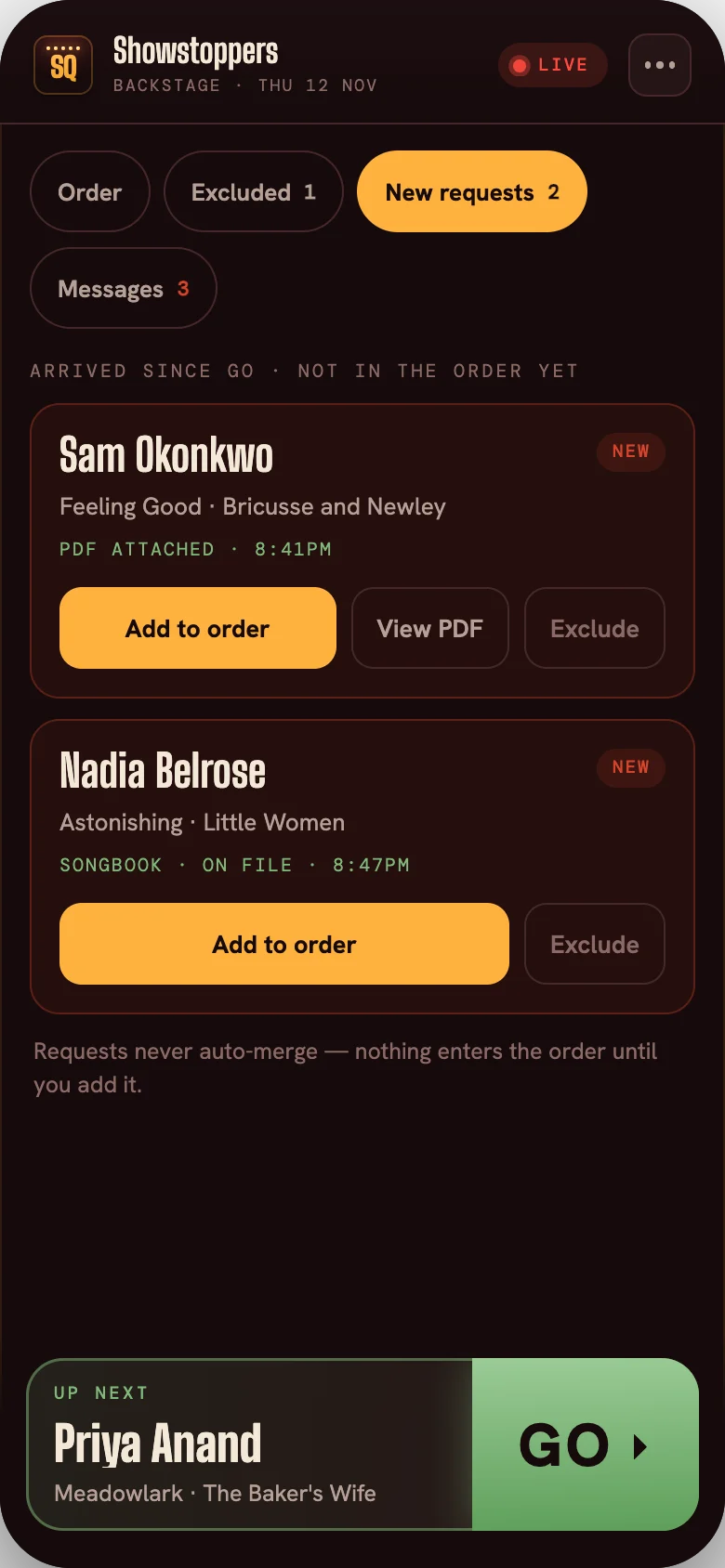 New requests tab in Backstage on a phone