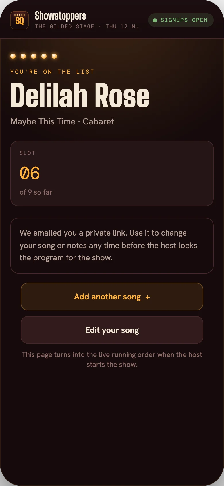 Signed-up confirmation showing slot 06 of 9